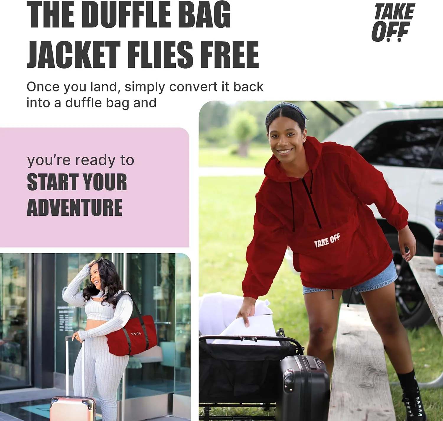 TAKE OFF Luggage - 3 in 1 Duffle Bag, Large Pocket Jacket or Pouch, Lightweight Oversized Windbreaker, Convertible Waterproof Garment, Personal Item & Carry On Accessories for Travel Essentials, Red