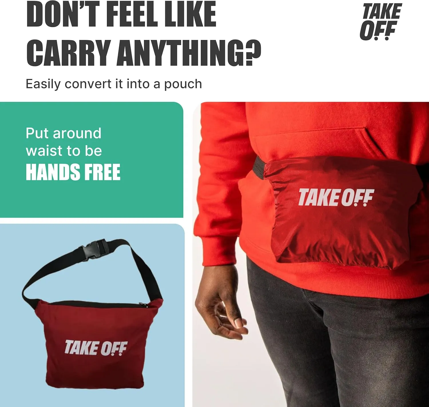 TAKE OFF Luggage - 3 in 1 Duffle Bag, Large Pocket Jacket or Pouch, Lightweight Oversized Windbreaker, Convertible Waterproof Garment, Personal Item & Carry On Accessories for Travel Essentials, Red