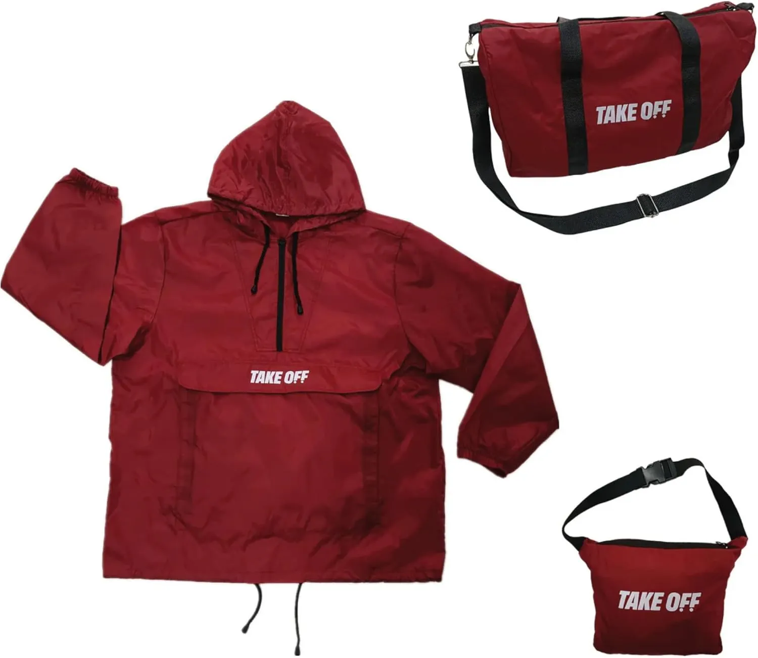 TAKE OFF Luggage - 3 in 1 Duffle Bag, Large Pocket Jacket or Pouch, Lightweight Oversized Windbreaker, Convertible Waterproof Garment, Personal Item & Carry On Accessories for Travel Essentials, Red