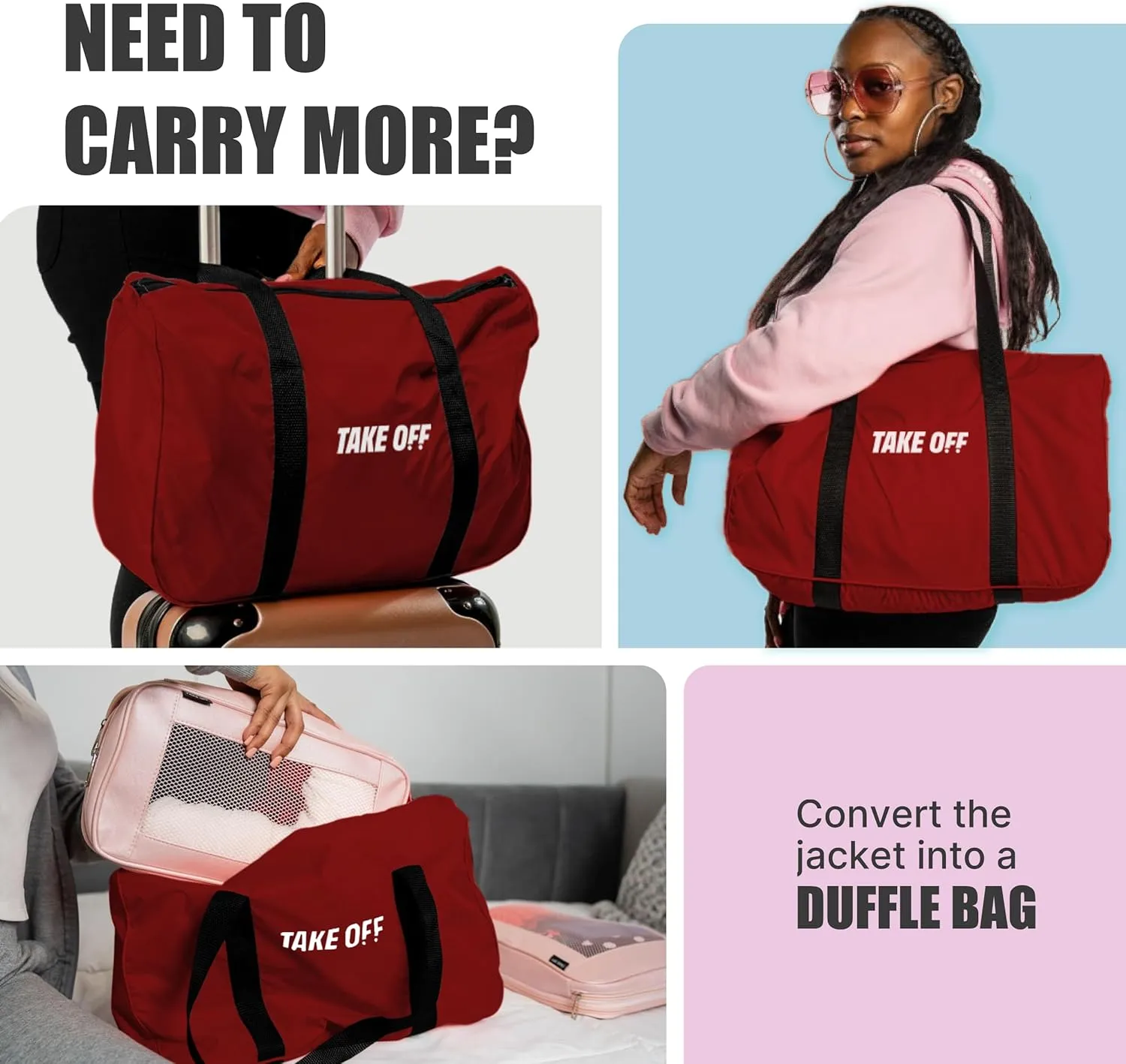 TAKE OFF Luggage - 3 in 1 Duffle Bag, Large Pocket Jacket or Pouch, Lightweight Oversized Windbreaker, Convertible Waterproof Garment, Personal Item & Carry On Accessories for Travel Essentials, Red