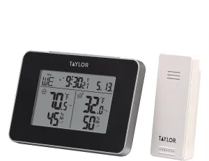 Taylor Wireless Digital Indoor Outdoor Thermometer and Hygrometer, Weather Station, Battery Powered, Alarm, Easy-to-Read Display for Home, Office, Greenhouse, Nursery, and Indoor Areas, Black