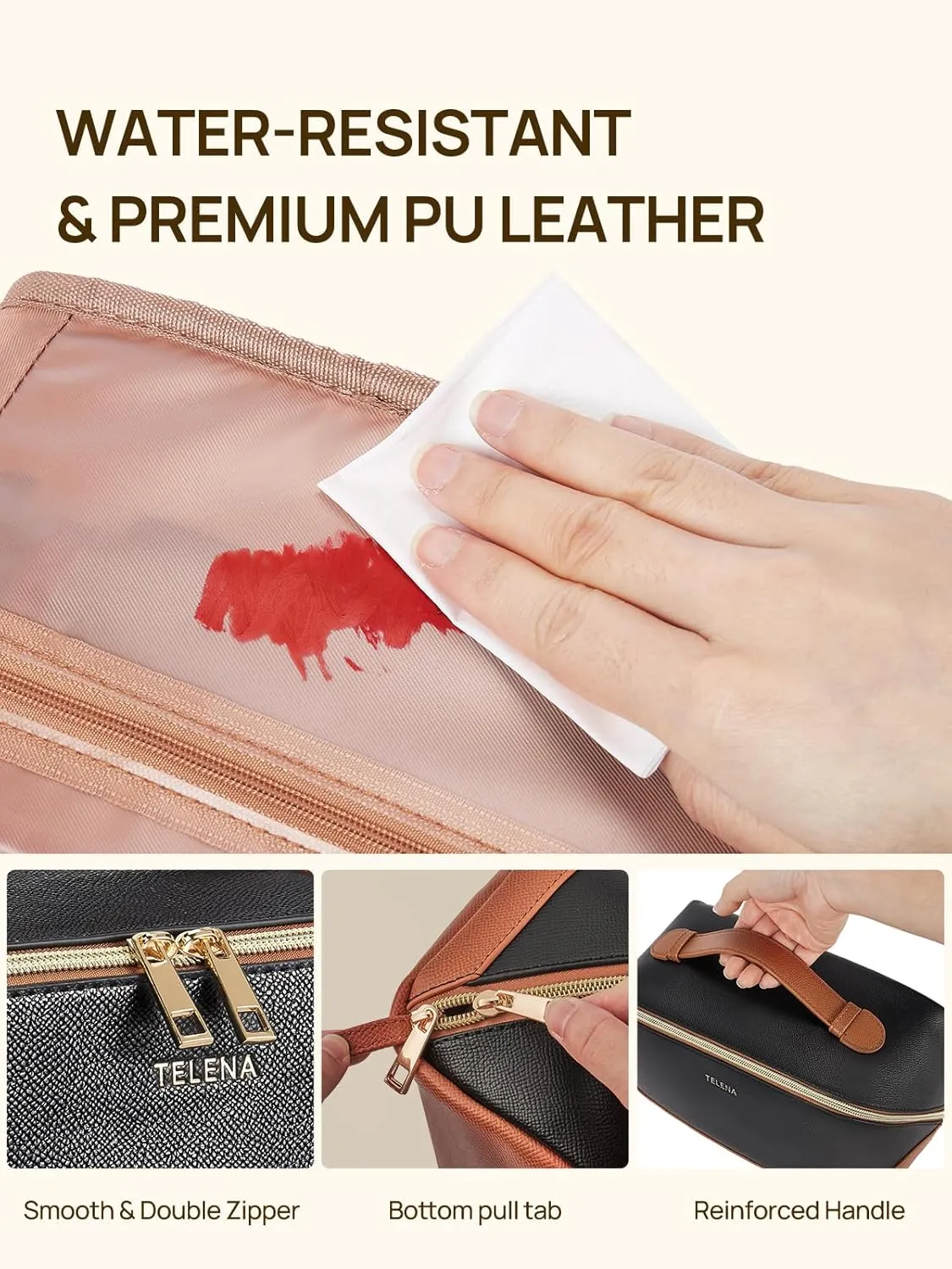 Telena Makeup Bag Large Capacity Travel Cosmetic Bag Portable PU Leather Water Resistant Makeup Organizer Bags for Women with Handle and Divider Open Flat Black with Brown