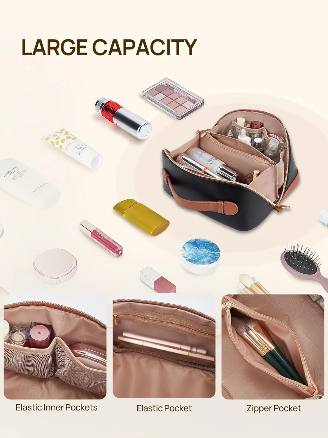 Telena Makeup Bag Large Capacity Travel Cosmetic Bag Portable PU Leather Water Resistant Makeup Organizer Bags for Women with Handle and Divider Open Flat Black with Brown