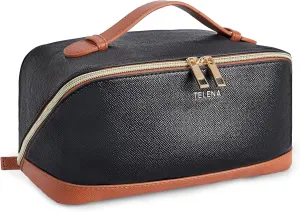 Telena Makeup Bag Large Capacity Travel Cosmetic Bag Portable PU Leather Water Resistant Makeup Organizer Bags for Women with Handle and Divider Open Flat Black with Brown