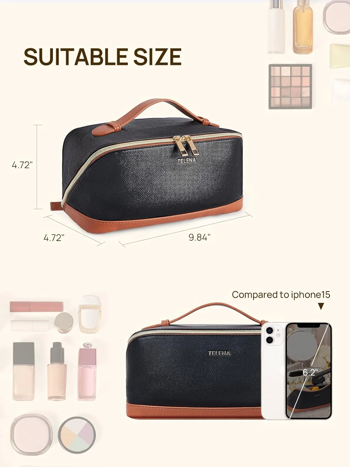 Telena Makeup Bag Large Capacity Travel Cosmetic Bag Portable PU Leather Water Resistant Makeup Organizer Bags for Women with Handle and Divider Open Flat Black with Brown