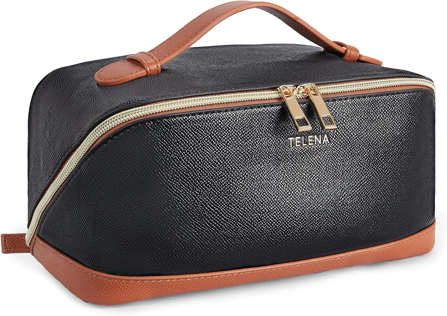 Telena Makeup Bag Large Capacity Travel Cosmetic Bag Portable PU Leather Water Resistant Makeup Organizer Bags for Women with Handle and Divider Open Flat Black with Brown