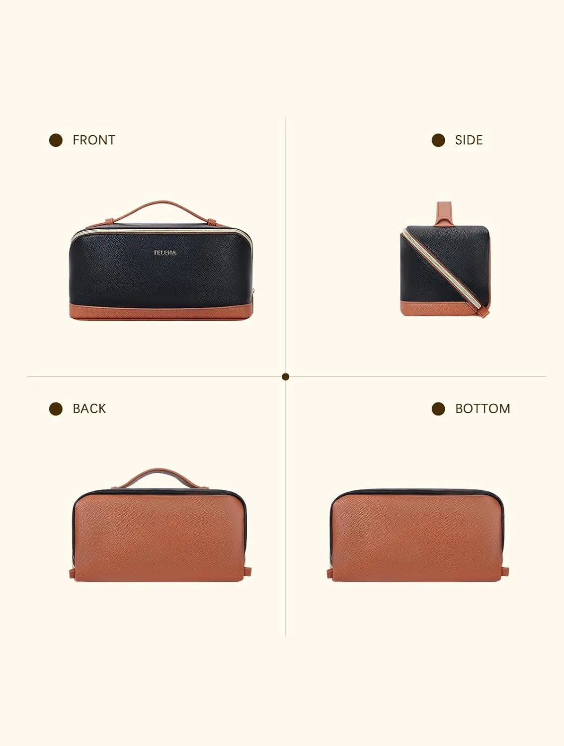 Telena Makeup Bag Large Capacity Travel Cosmetic Bag Portable PU Leather Water Resistant Makeup Organizer Bags for Women with Handle and Divider Open Flat Black with Brown