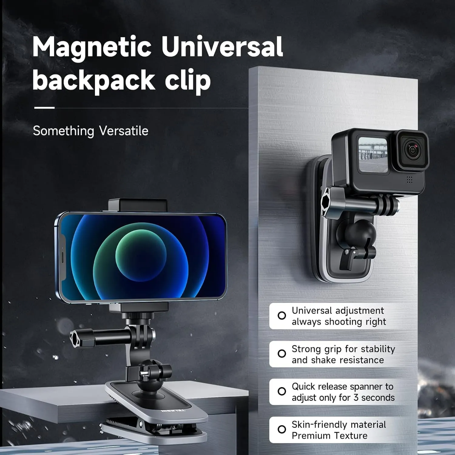 TELESIN Magnetic Mount, 360° Rotating Backpack Clip with Phone Holder for Go Pro iPhone Accessories for Hero 13 12 11 10 Akaso Insta360 X5 X4 X3 Ace Pro 2 DJI Action 5 Pro 4 3 Pocket 3 Bike Motorcycle