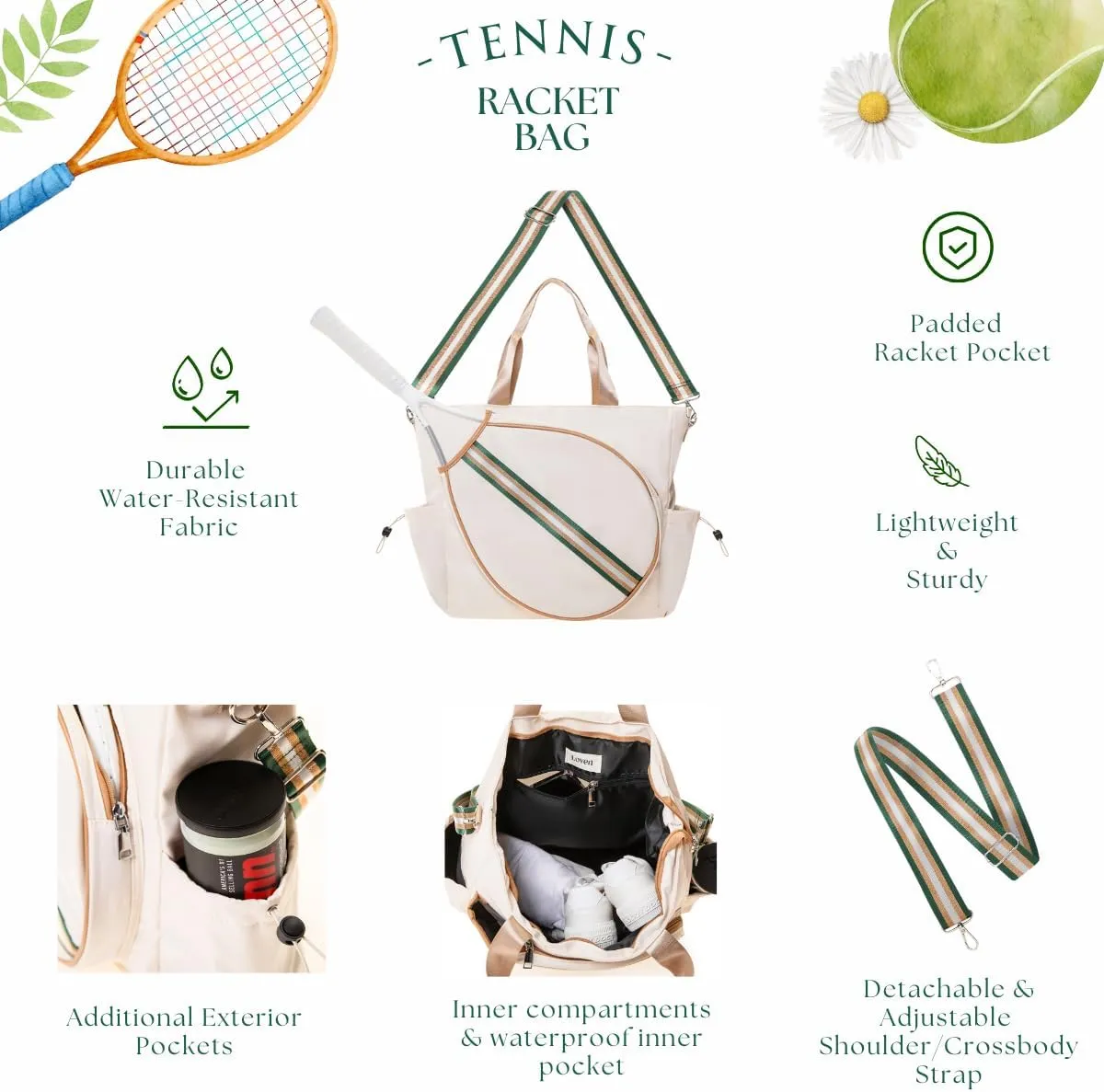 Tennis Bag Tennis Racket Tote for Women & Men Unisex - Sports Racquet Pickleball, Badminton, Squash Case Convertible Shoulder/Crossbody Strap Stylish Design, Large Compartment
