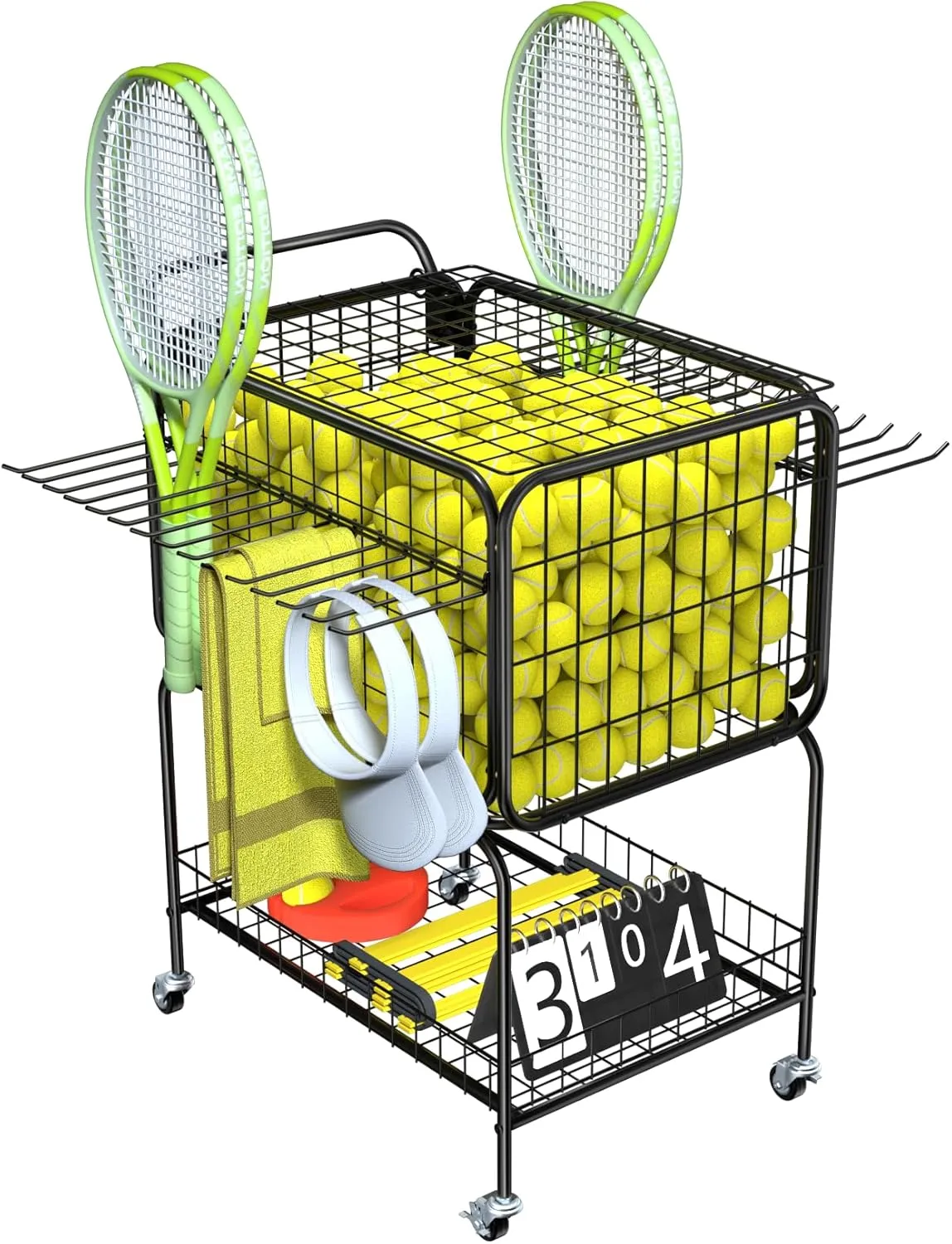 Tennis Ball Cart for 350 Balls, Trolley Cart with Wheels Laundry Basket, Extra Large Utility Trolley for Storage Sport Equipments DIY Tools Toys Ball Hopper Tennis Racket
