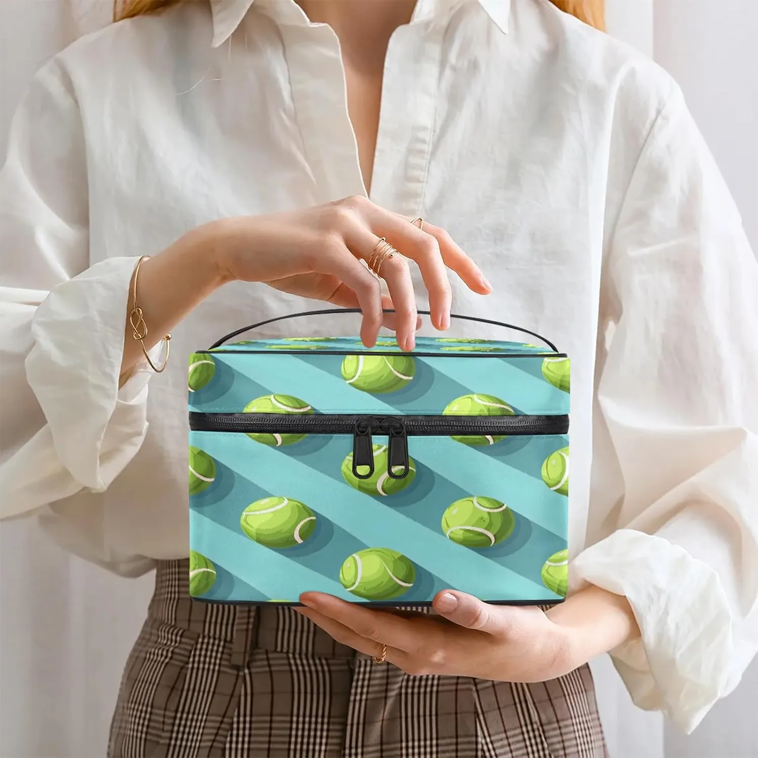 Tennis Balls Sports Travel Toiletry Bag Large Capacity Makeup Case Organizer with Handle Cosmetic Case for Women Girls