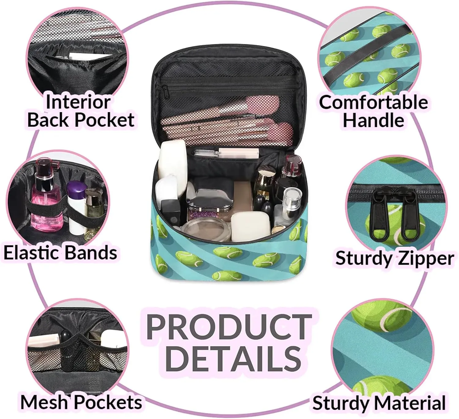 Tennis Balls Sports Travel Toiletry Bag Large Capacity Makeup Case Organizer with Handle Cosmetic Case for Women Girls