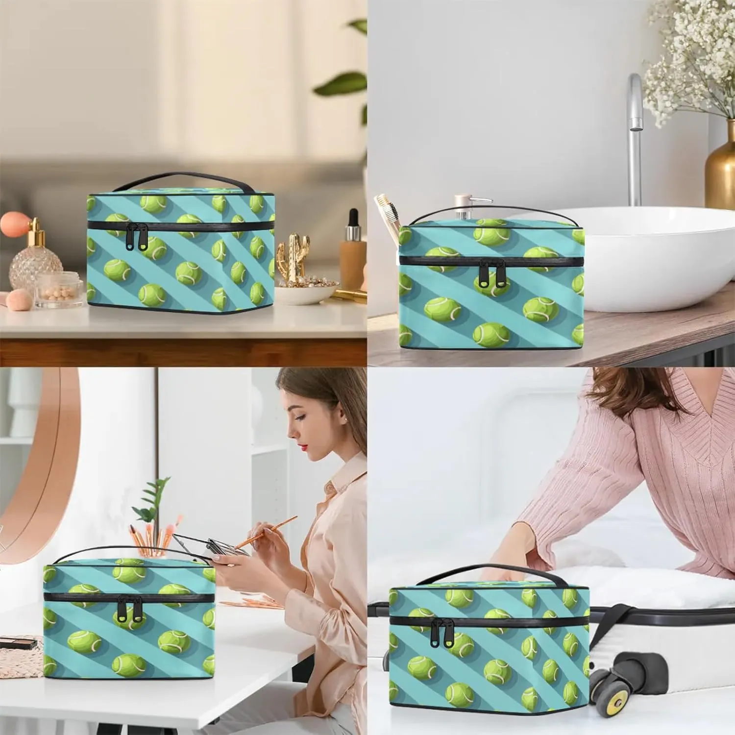 Tennis Balls Sports Travel Toiletry Bag Large Capacity Makeup Case Organizer with Handle Cosmetic Case for Women Girls