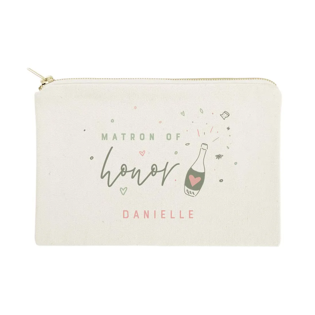 The Cotton & Canvas Co. Champagne Celebration Personalized Matron of Honor Wedding Cosmetic Bag, Bridal Party Gift and Travel Make Up Pouch