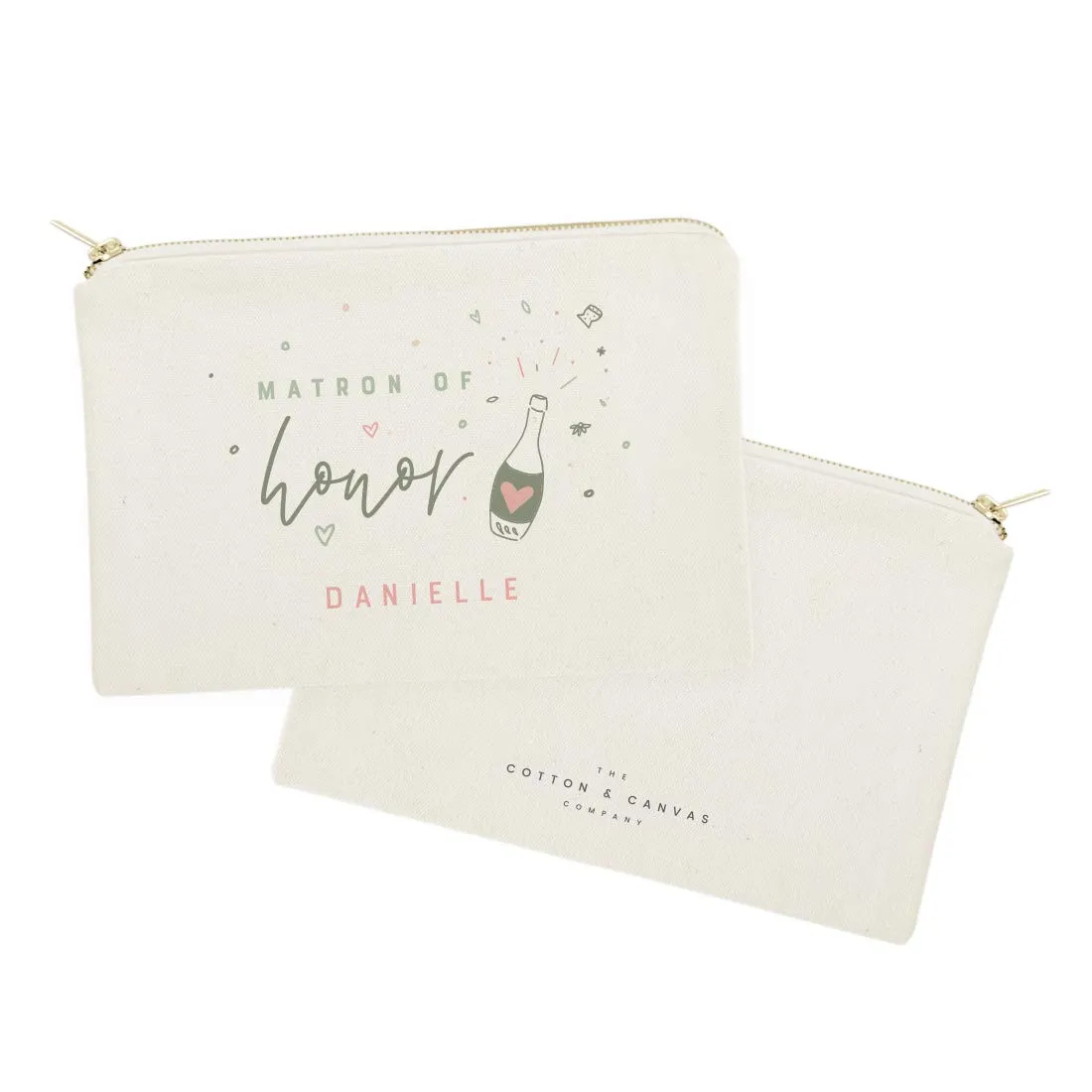 The Cotton & Canvas Co. Champagne Celebration Personalized Matron of Honor Wedding Cosmetic Bag, Bridal Party Gift and Travel Make Up Pouch
