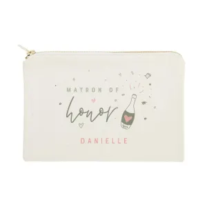 The Cotton & Canvas Co. Champagne Celebration Personalized Matron of Honor Wedding Cosmetic Bag, Bridal Party Gift and Travel Make Up Pouch
