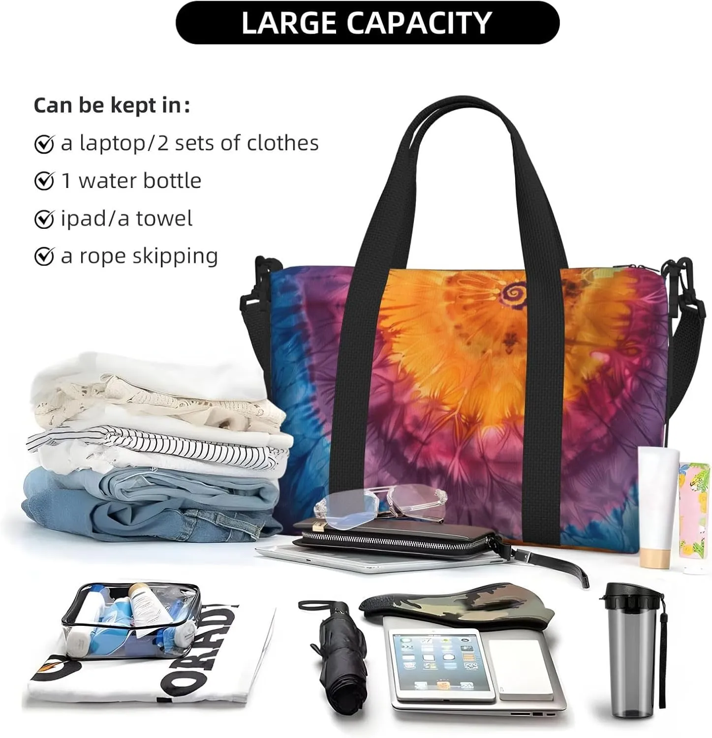 tie dye orange print Travel Duffel Bag, Sports Tote Gym Bag, Swim Pool Bag Large Shoulder Tote Bag for Beach Weekender, 202-406-121