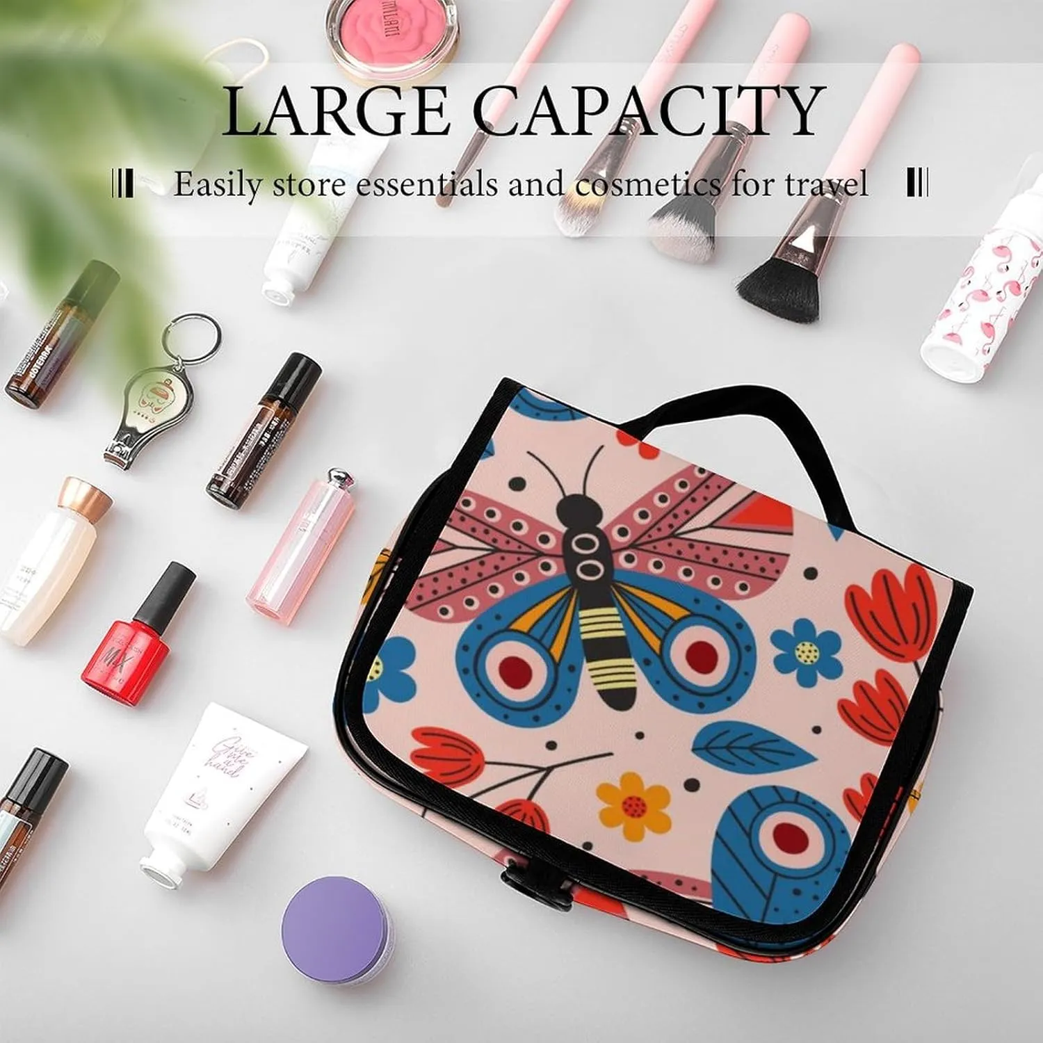 Toiletry Bag Travel Bag with Hanging Hook, Water Resistant Makeup Cosmetic Bag Travel Organizer Compatible with Basic Rgbpink Butterflies for Accessories