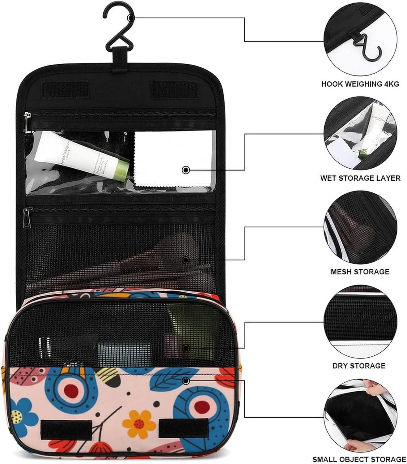 Toiletry Bag Travel Bag with Hanging Hook, Water Resistant Makeup Cosmetic Bag Travel Organizer Compatible with Basic Rgbpink Butterflies for Accessories