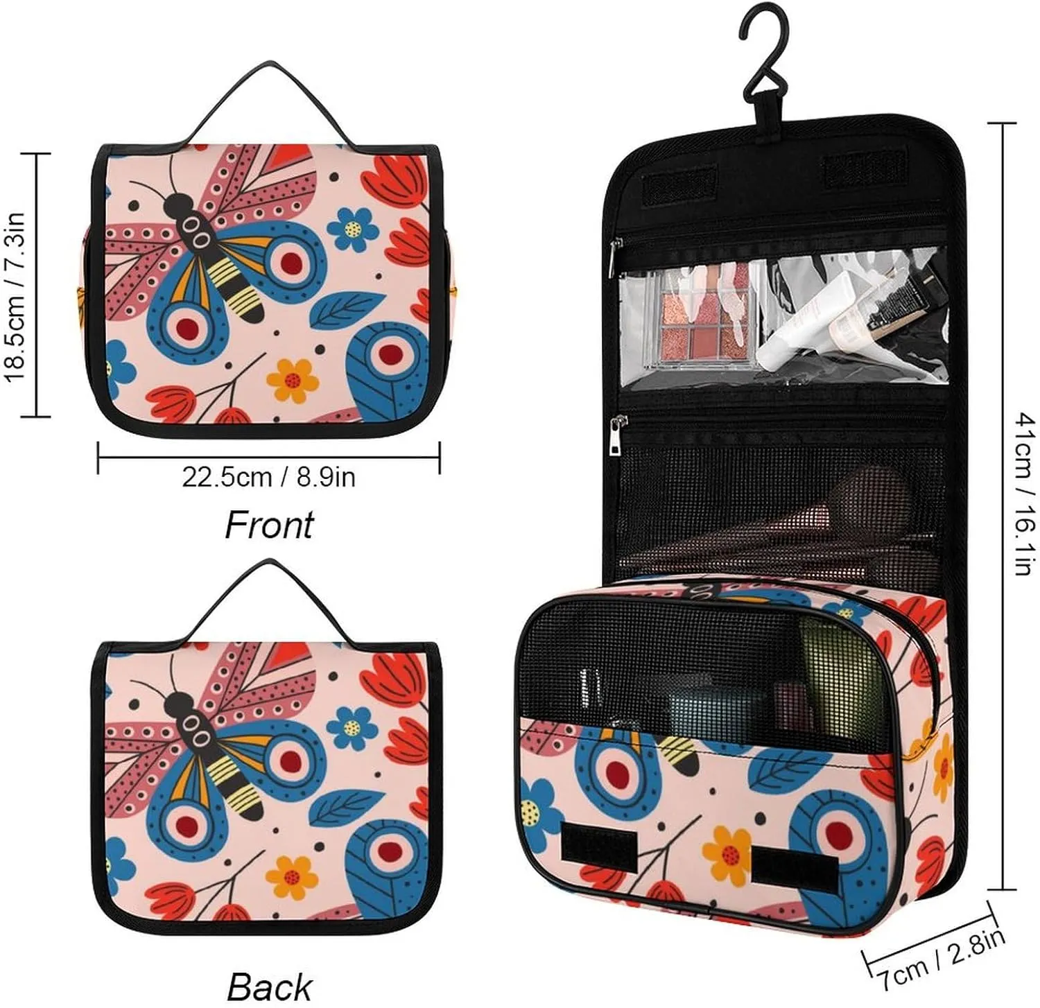 Toiletry Bag Travel Bag with Hanging Hook, Water Resistant Makeup Cosmetic Bag Travel Organizer Compatible with Basic Rgbpink Butterflies for Accessories