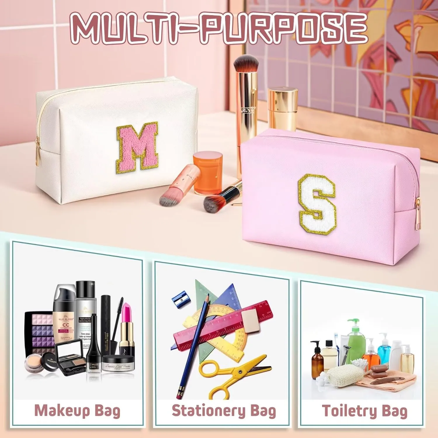 TOPEAST Makeup Organizer - Initial Makeup Bag, Desk Organizer Small Cosmetic Bag Desktop Cosmetic Organiser (Pink N)