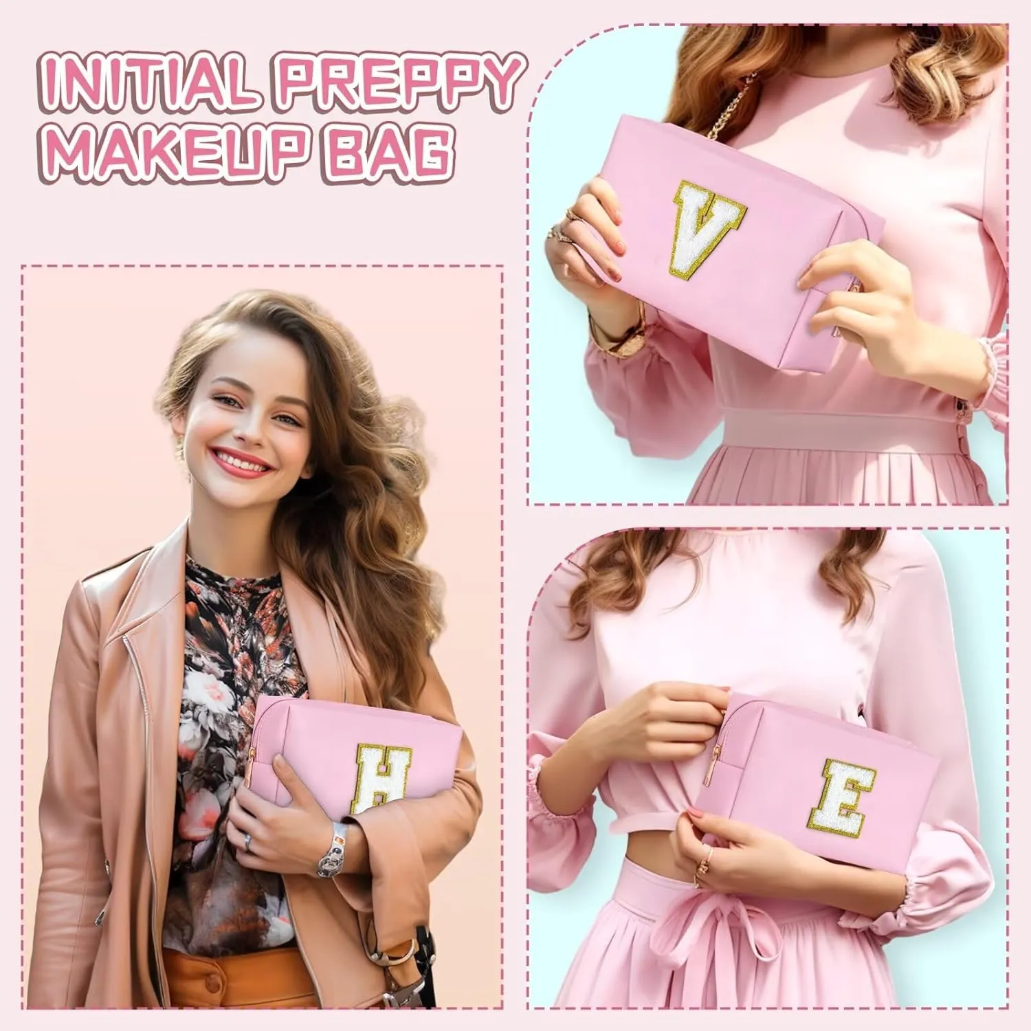 TOPEAST Preppy Patch Makeup Bag, Chenille Letter Pouch Cosmetic Bag, PU Leather Waterproof Toiletry Bag, Personalized Birthday Gift for Women Girl, Cute Stuff for Girls (Pink B)