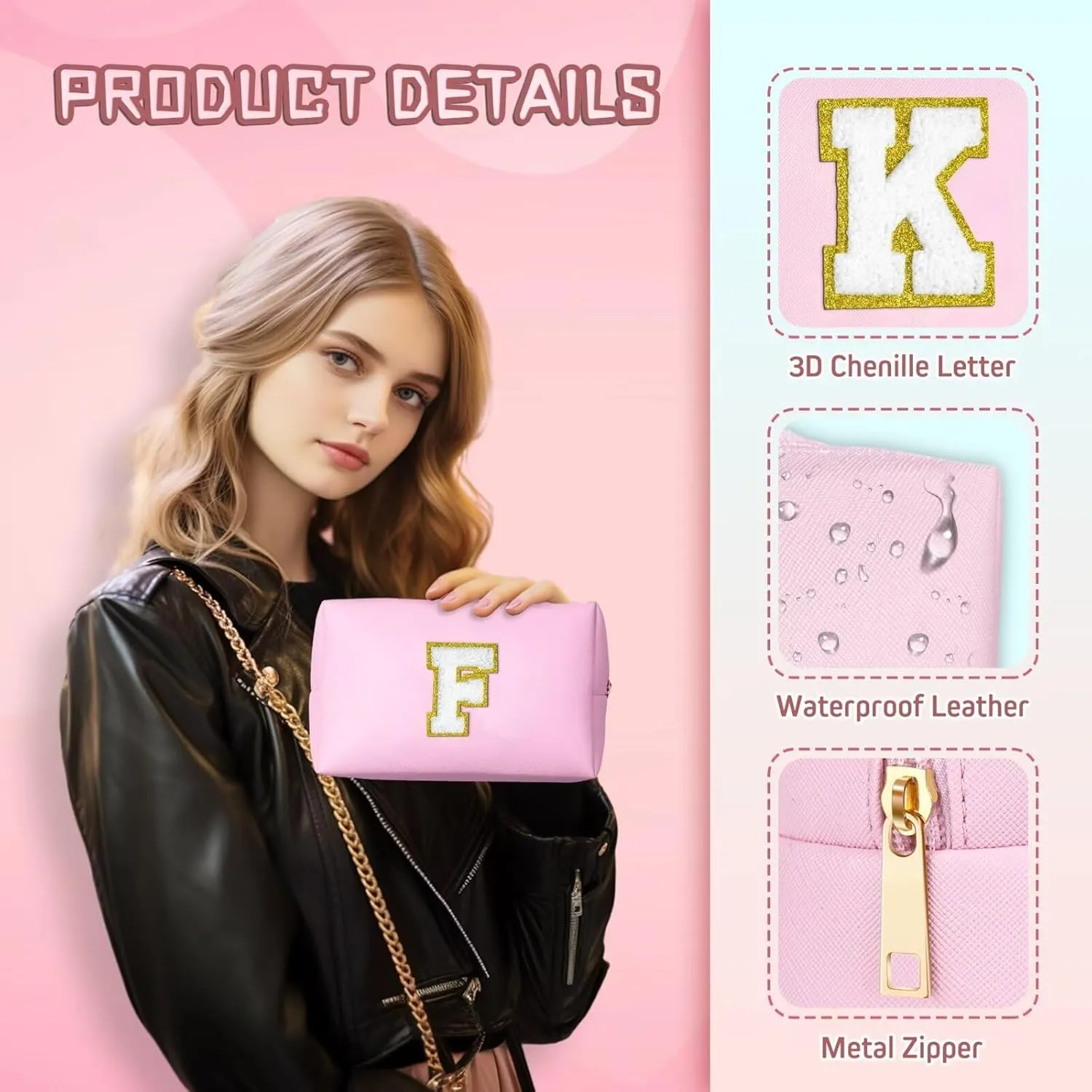 TOPEAST Preppy Patch Makeup Bag, Chenille Letter Pouch Cosmetic Bag, PU Leather Waterproof Toiletry Bag, Personalized Birthday Gift for Women Girl, Cute Stuff for Girls (Pink B)