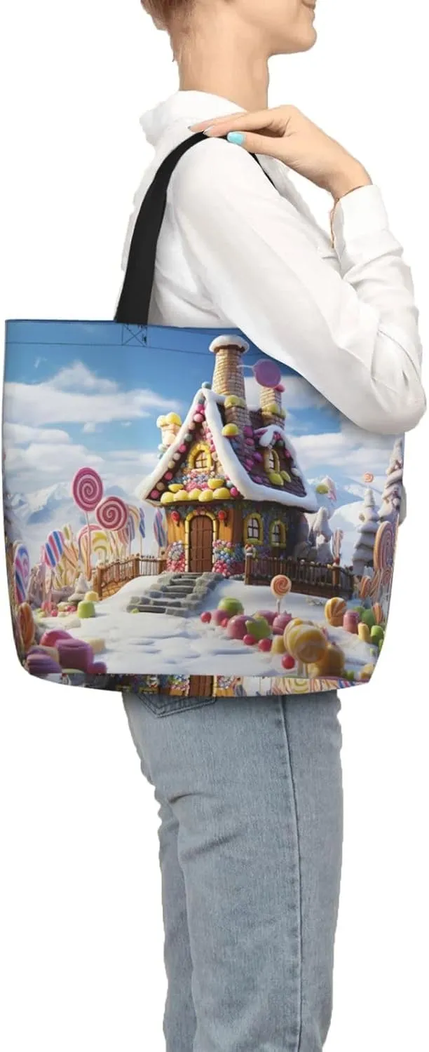 Tote Bag for Women Candy House Shoulder Bag with Zipper Handbag Large Capacity Reusable Grocery Bag