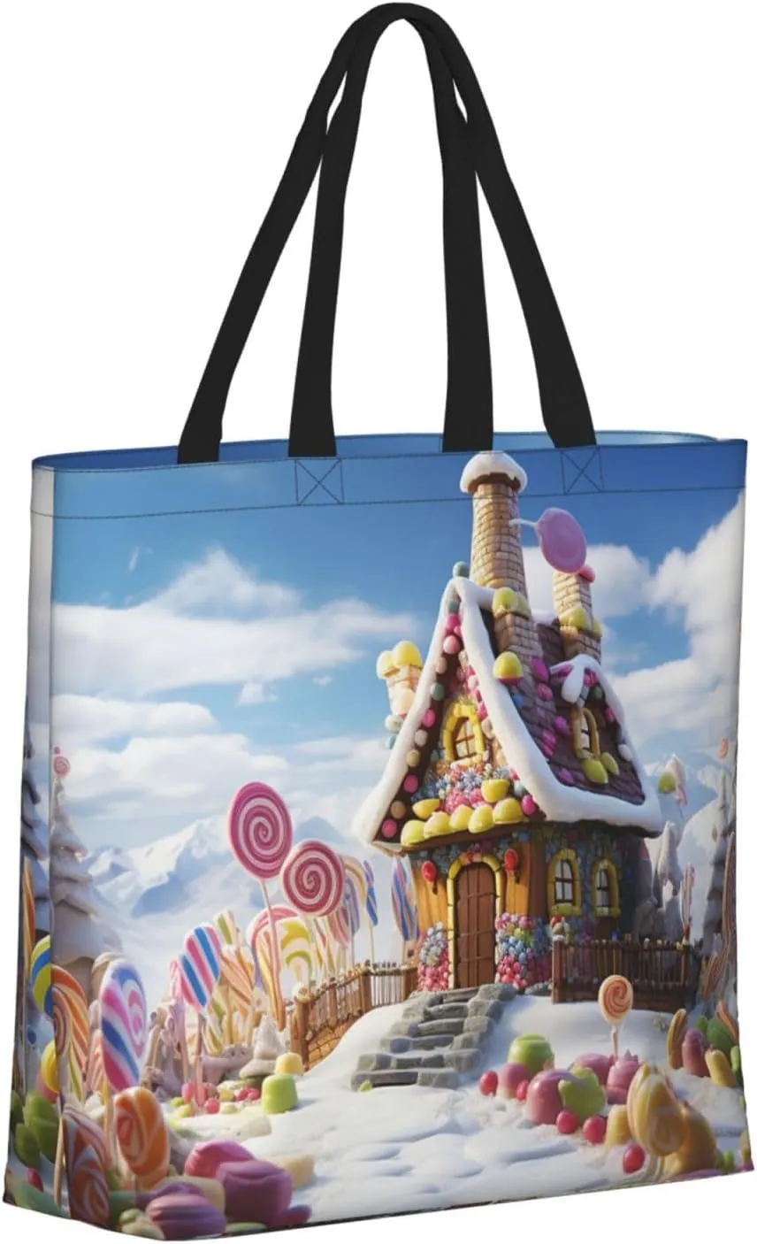 Tote Bag for Women Candy House Shoulder Bag with Zipper Handbag Large Capacity Reusable Grocery Bag