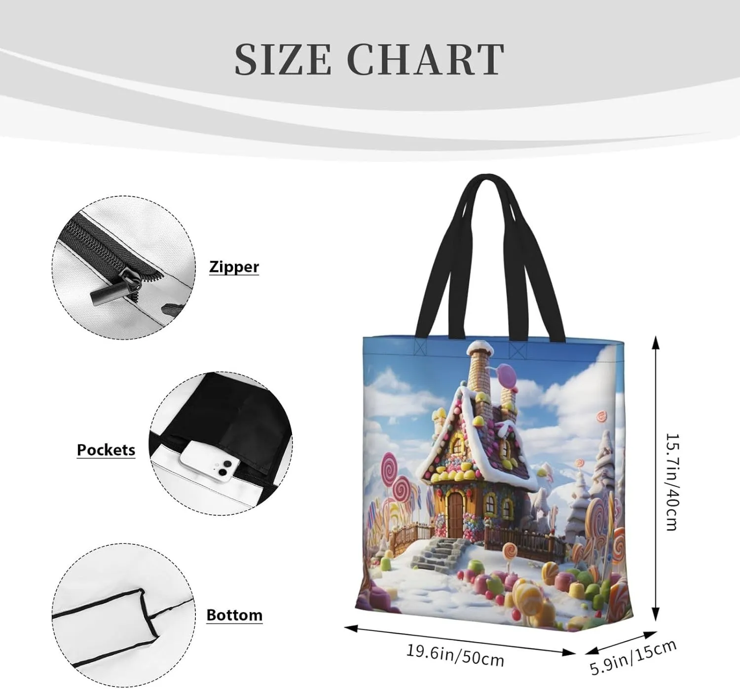 Tote Bag for Women Candy House Shoulder Bag with Zipper Handbag Large Capacity Reusable Grocery Bag