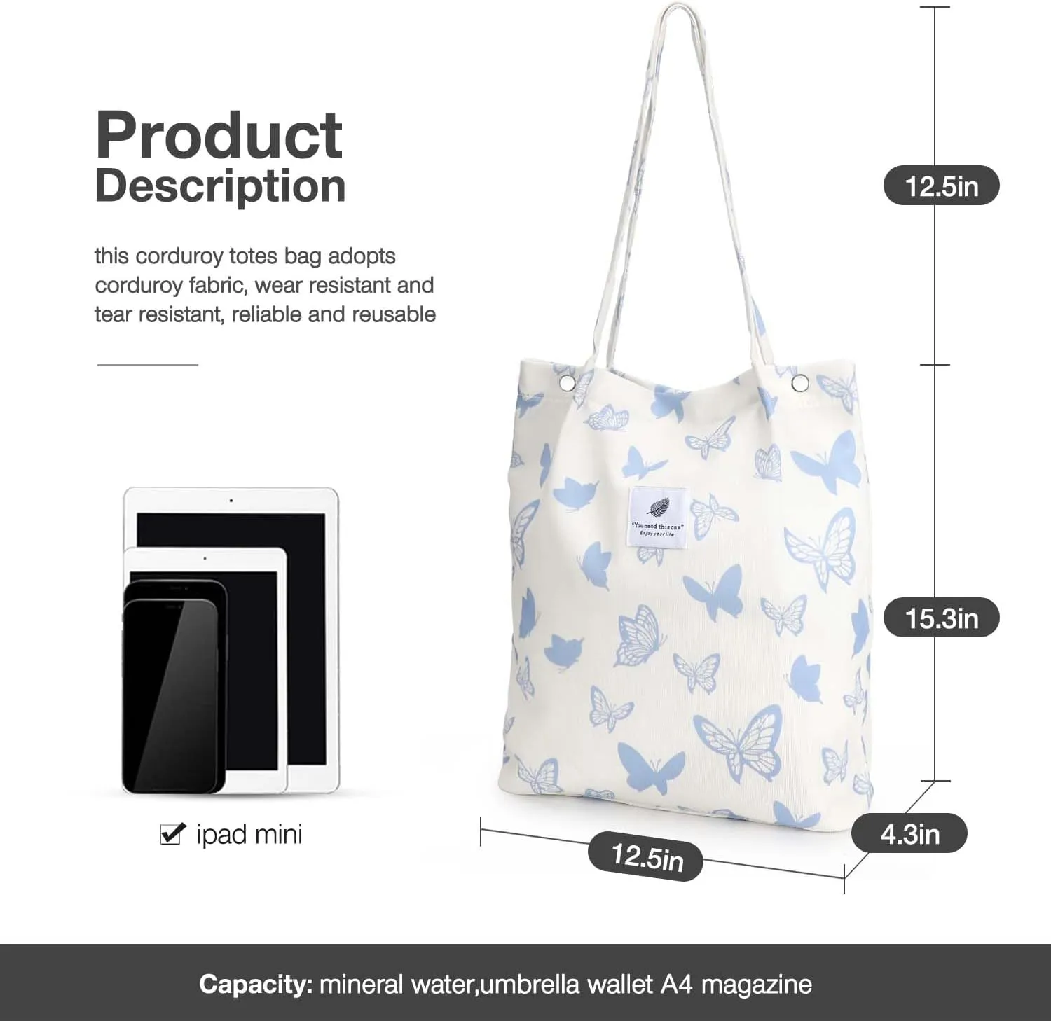 Tote Women Girls, Large Capacity Corduroy Reusable Grocery Shoulder Bag with Inner Pockets