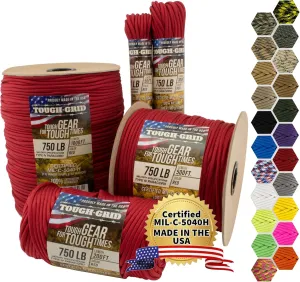 TOUGH-GRID Premium Paracord 750 lbs Made in USA Outdoor Survival Nylon Rope Tactical Heavy Duty Strands Parachute Cord Used by US Military 1 Type III Mil-Spec