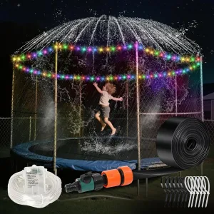 Trampoline Sprinkler with Lights - Trampoline Lights & Water Sprinkler, 16 Colors, Remote Control, Waterproof Trampoline Accessories, Non-Damaging Design, Fits 8-12FT