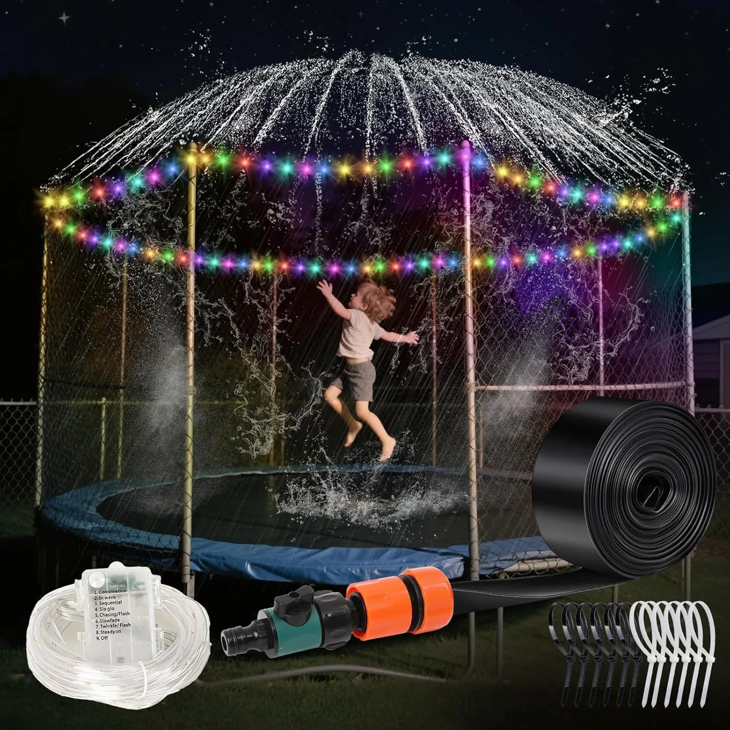 Trampoline Sprinkler with Lights - Trampoline Lights & Water Sprinkler, 16 Colors, Remote Control, Waterproof Trampoline Accessories, Non-Damaging Design, Fits 8-12FT
