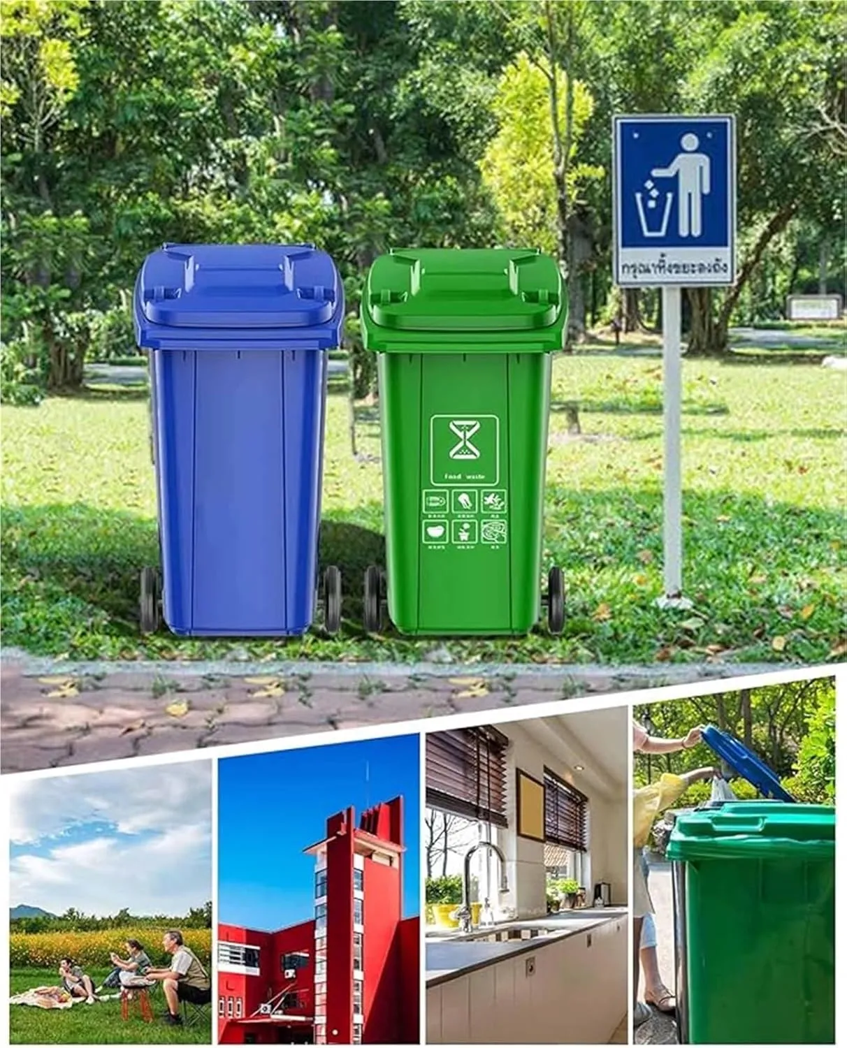 Trash Cans Outdoor Garbage Can 18/22/27/53 Gallon Large Kitchen Trash Can Terrace Patio Garbage Can Outdoor Wheeled Trash Container with Lid ＆ 100-Pcs Storage Bag For Outdoor Backyard(Green,53Gallon)