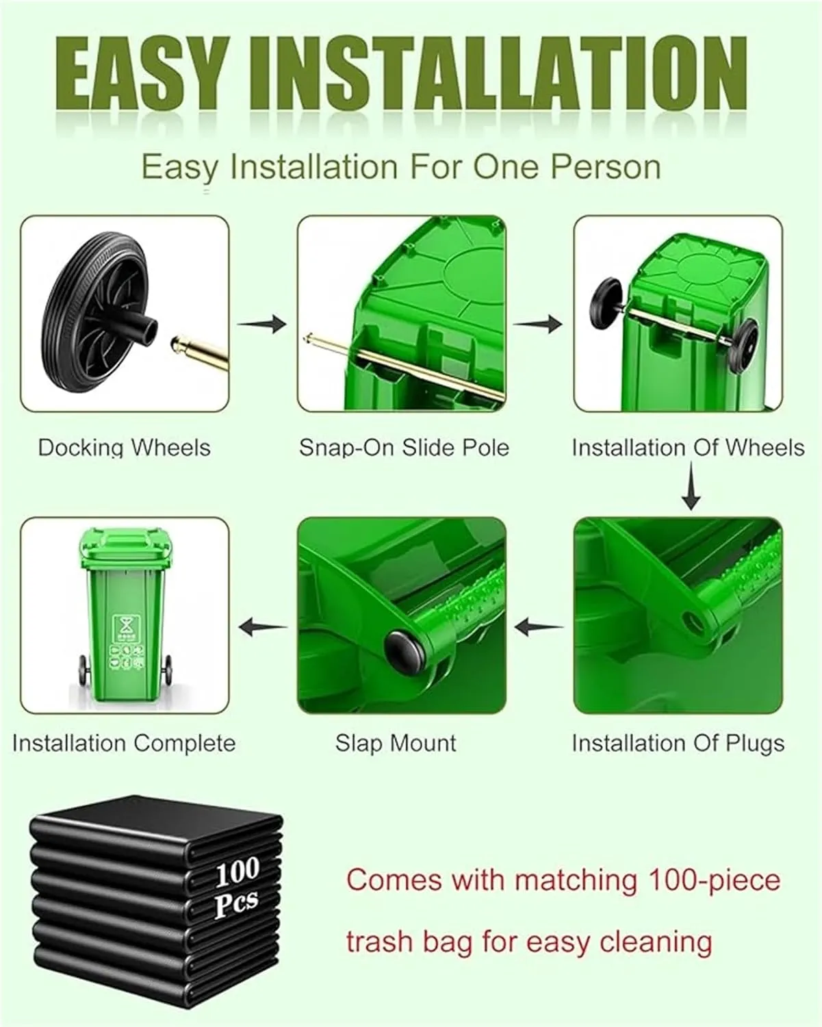 Trash Cans Outdoor Garbage Can 18/22/27/53 Gallon Large Kitchen Trash Can Terrace Patio Garbage Can Outdoor Wheeled Trash Container with Lid ＆ 100-Pcs Storage Bag For Outdoor Backyard(Green,53Gallon)