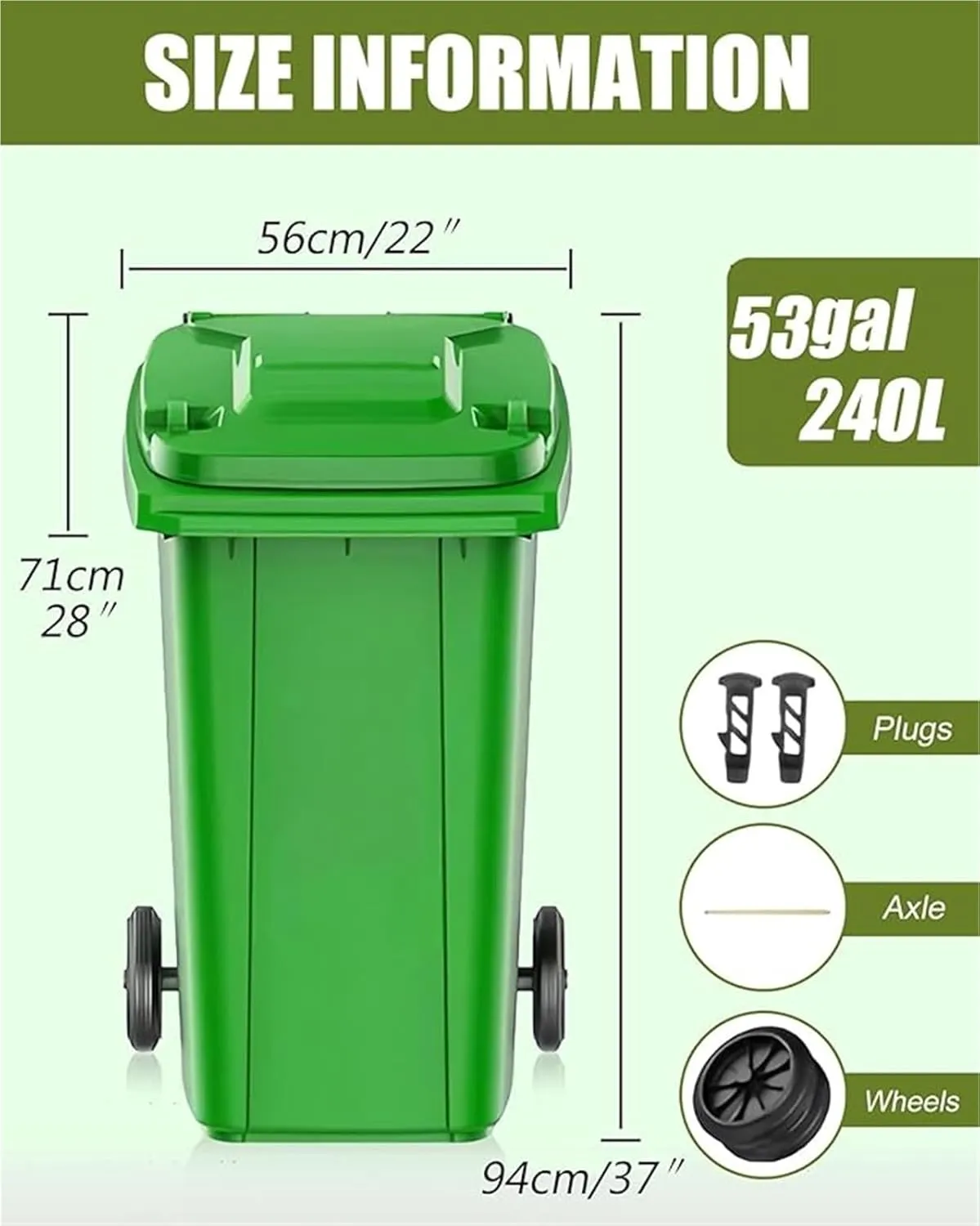 Trash Cans Outdoor Garbage Can 18/22/27/53 Gallon Large Kitchen Trash Can Terrace Patio Garbage Can Outdoor Wheeled Trash Container with Lid ＆ 100-Pcs Storage Bag For Outdoor Backyard(Green,53Gallon)