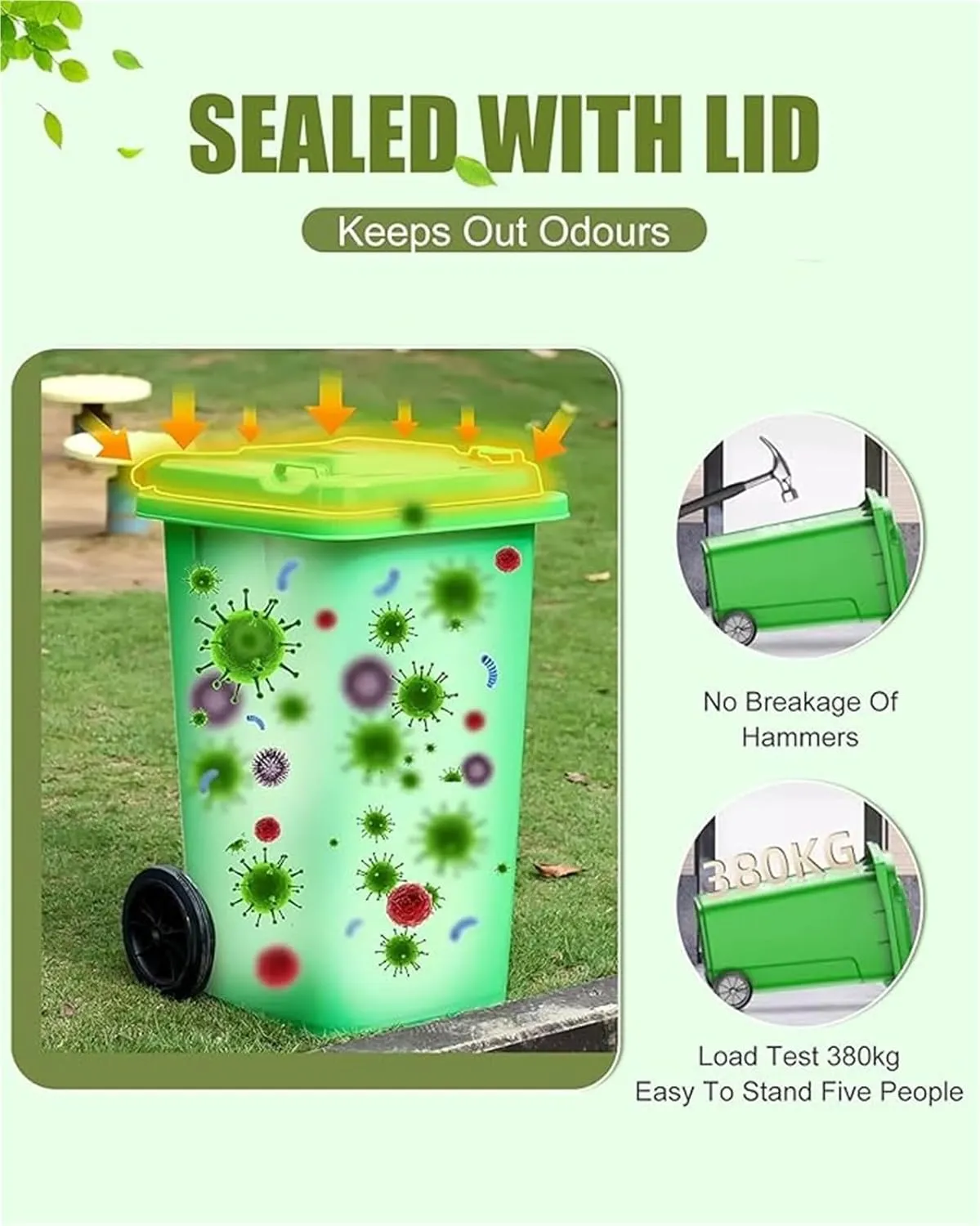 Trash Cans Outdoor Garbage Can 18/22/27/53 Gallon Large Kitchen Trash Can Terrace Patio Garbage Can Outdoor Wheeled Trash Container with Lid ＆ 100-Pcs Storage Bag For Outdoor Backyard(Green,53Gallon)