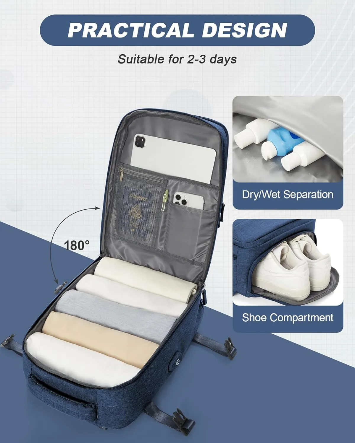 Travel Backpack for Men Women Carry on Backpack for Airplanes Personal Item Travel Bag Casual Nurse Bag Casual Bag for Weekender Business Trip Dark Blue
