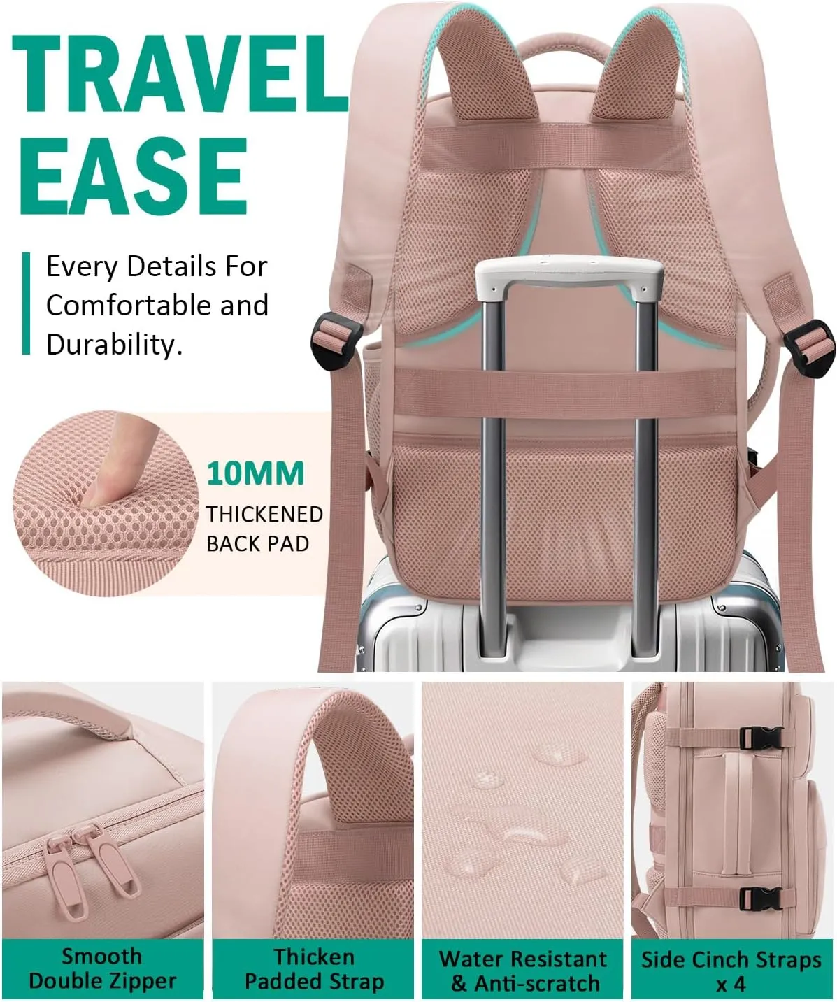 Travel Backpack For Women, Carry On Backpack for Men Flight Approved Airline Personal Item Travel Bag TSA Business 17.3 in Laptop Mochila, Travels Essentials Bookbag for Work Nurse Hiking (Pink)