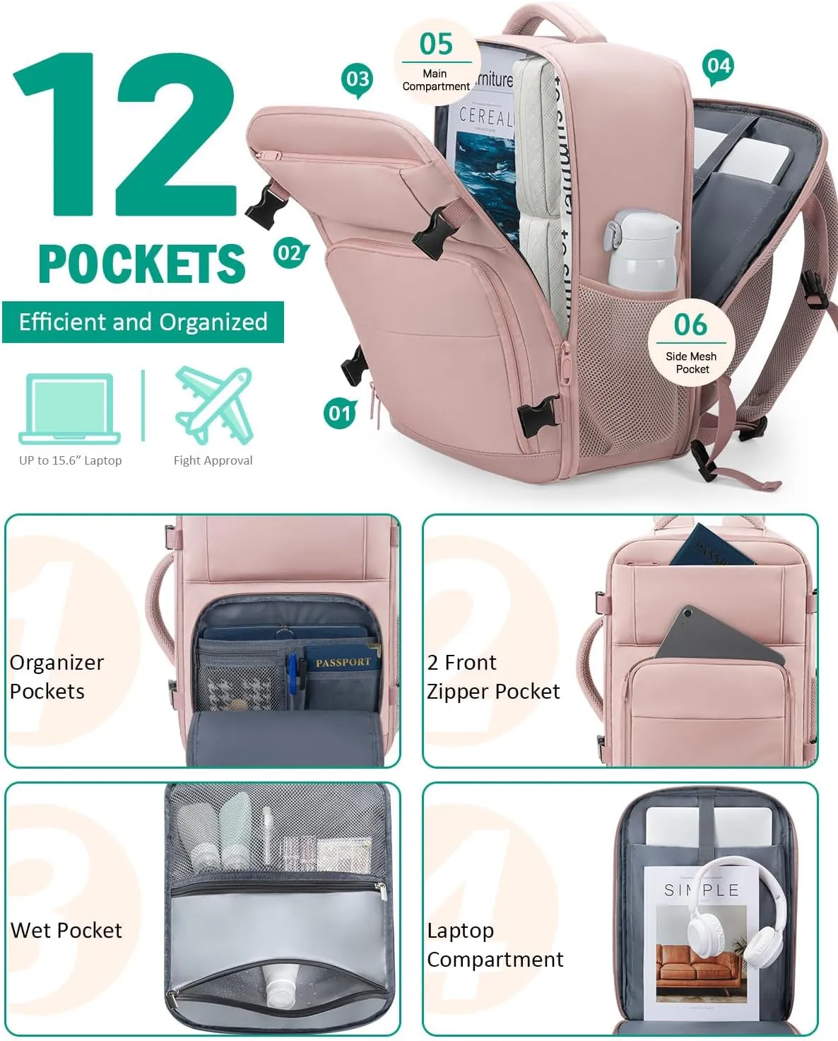 Travel Backpack For Women, Carry On Backpack for Men Flight Approved Airline Personal Item Travel Bag TSA Business 17.3 in Laptop Mochila, Travels Essentials Bookbag for Work Nurse Hiking (Pink)