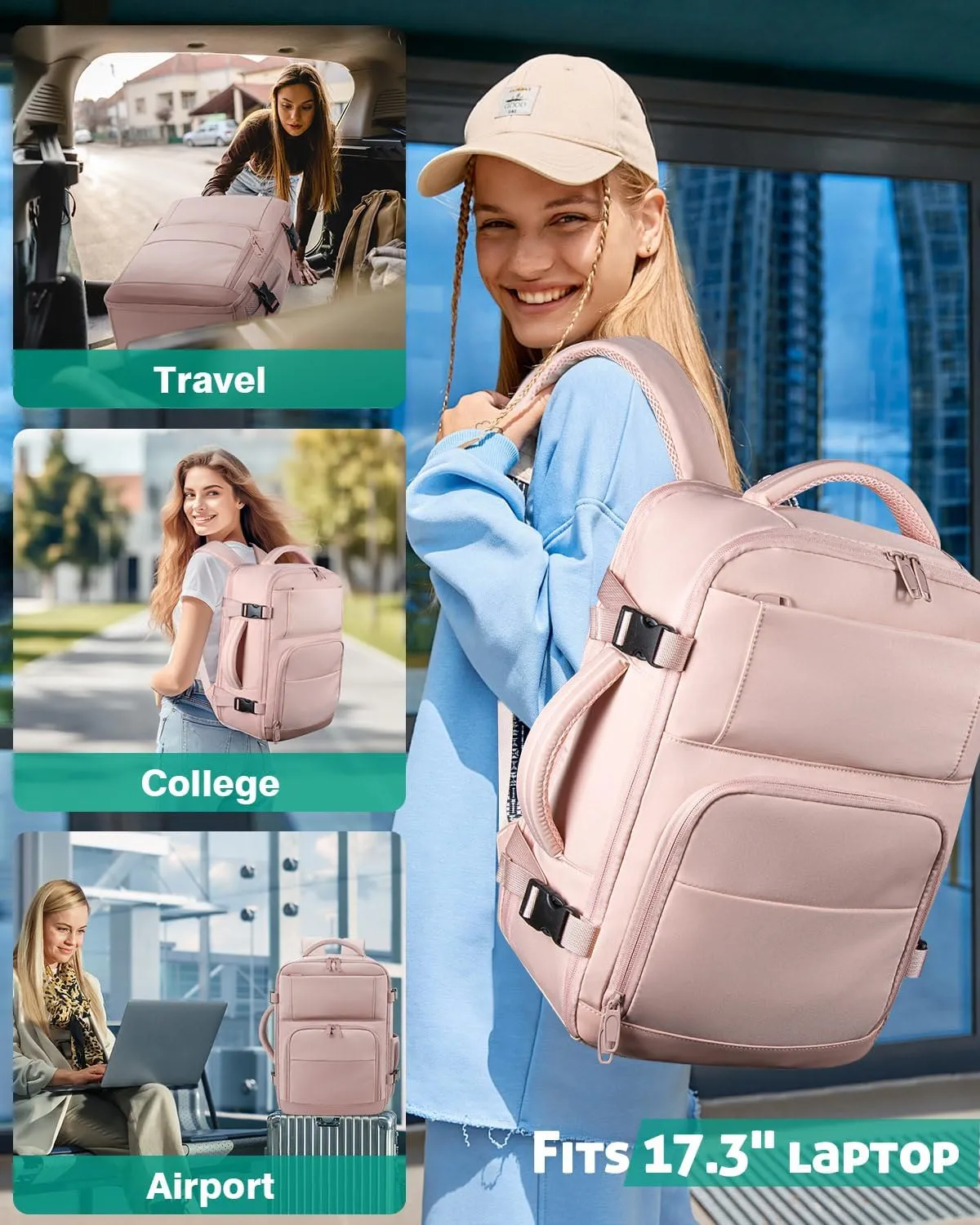 Travel Backpack For Women, Carry On Backpack for Men Flight Approved Airline Personal Item Travel Bag TSA Business 17.3 in Laptop Mochila, Travels Essentials Bookbag for Work Nurse Hiking (Pink)