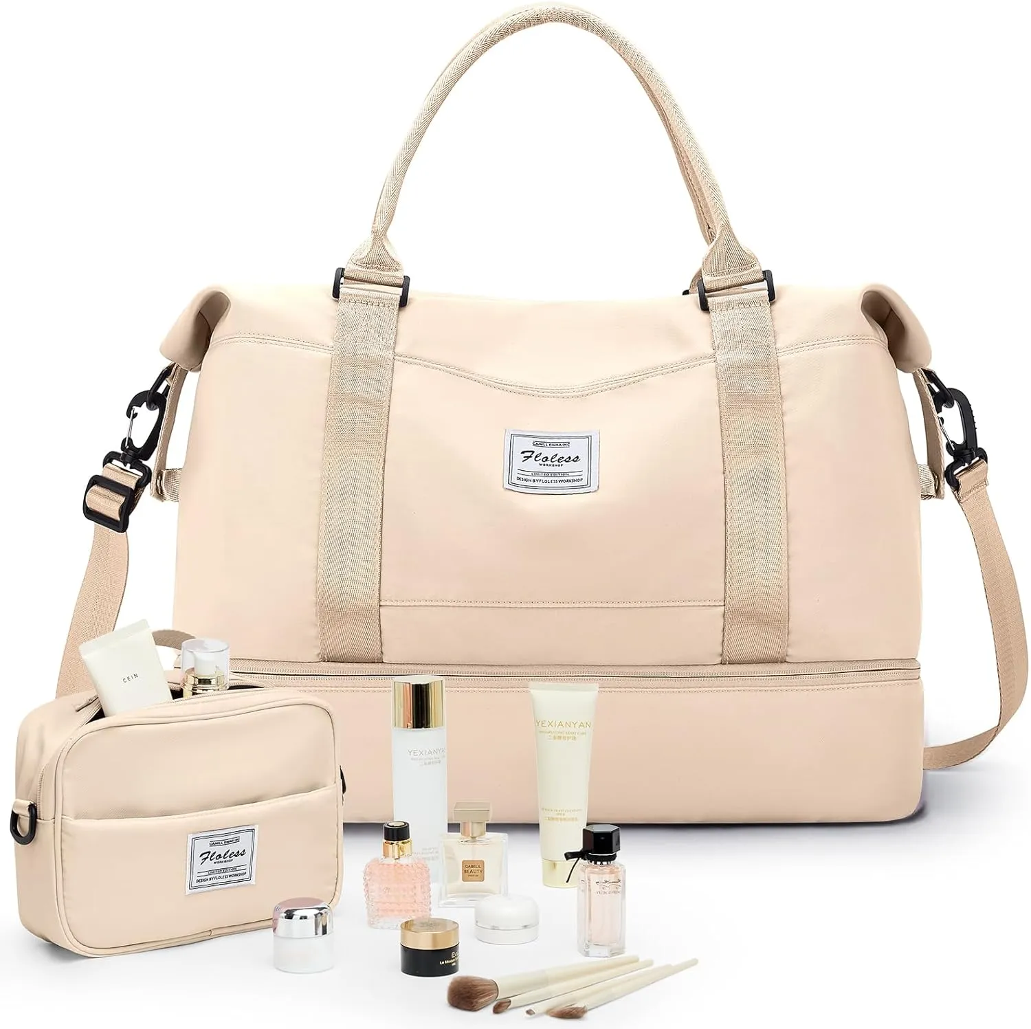 Travel Bag with Shoes Compartment,Weekender Bags for Women Travel,Carry On Duffel Overnight Bag with Toiletry Bag&Trolley Sleeve,Travel Tote Bag Sports Gym Bag,Beige