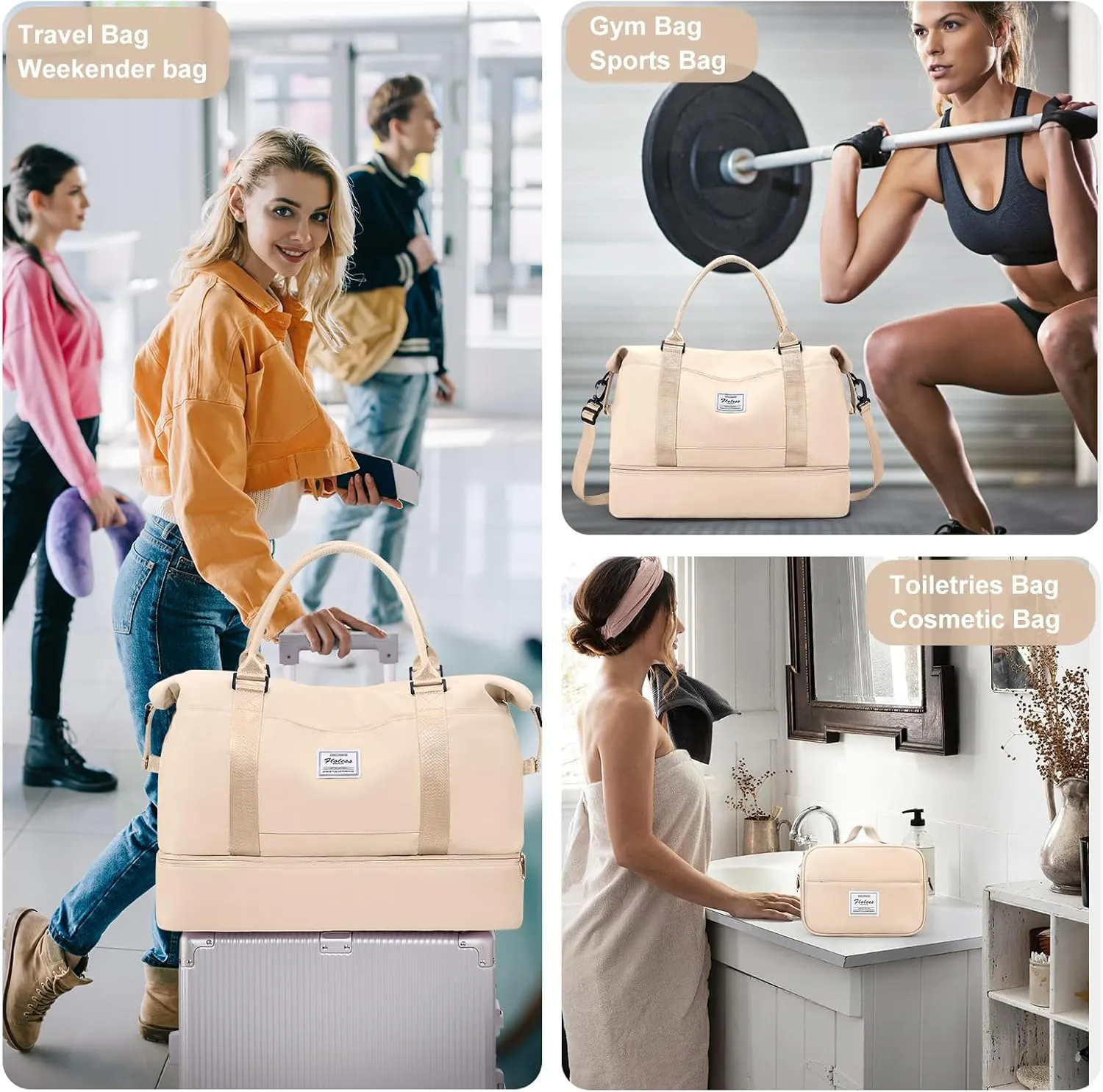 Travel Bag with Shoes Compartment,Weekender Bags for Women Travel,Carry On Duffel Overnight Bag with Toiletry Bag&Trolley Sleeve,Travel Tote Bag Sports Gym Bag,Beige