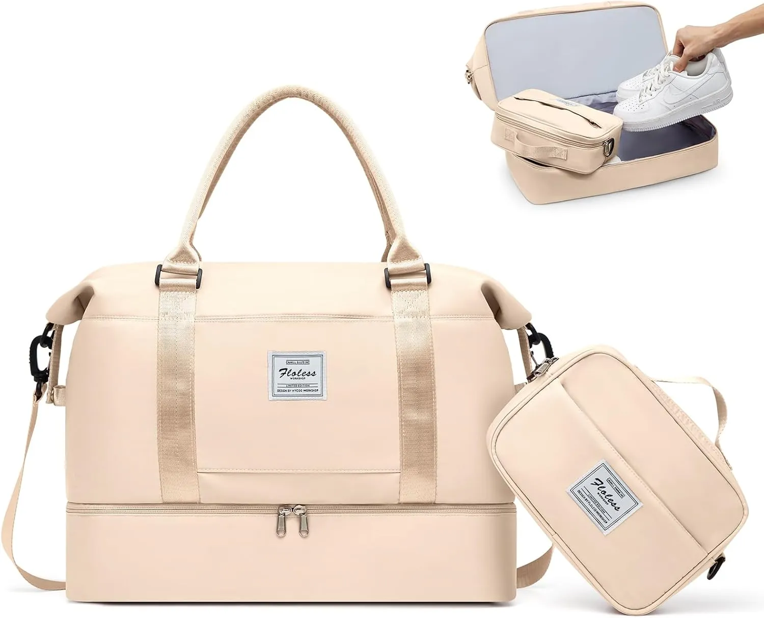 Travel Bag with Shoes Compartment,Weekender Bags for Women Travel,Carry On Duffel Overnight Bag with Toiletry Bag&Trolley Sleeve,Travel Tote Bag Sports Gym Bag,Beige