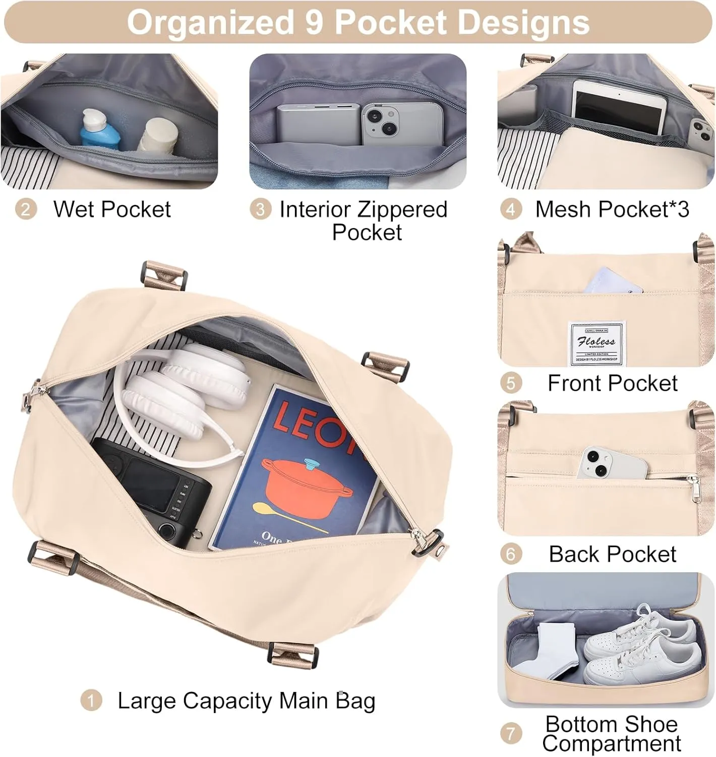 Travel Bag with Shoes Compartment,Weekender Bags for Women Travel,Carry On Duffel Overnight Bag with Toiletry Bag&Trolley Sleeve,Travel Tote Bag Sports Gym Bag,Beige