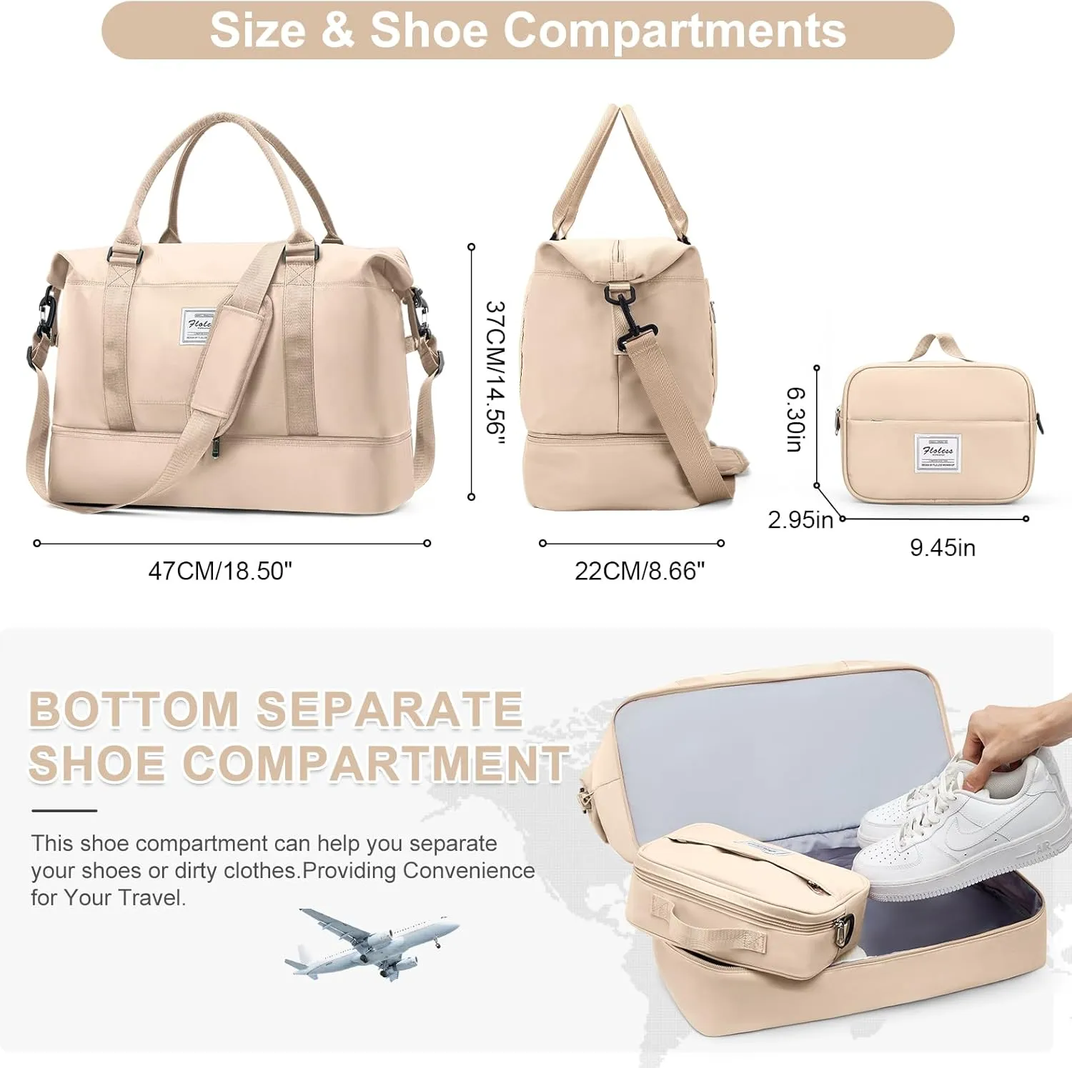 Travel Bag with Shoes Compartment,Weekender Bags for Women Travel,Carry On Duffel Overnight Bag with Toiletry Bag&Trolley Sleeve,Travel Tote Bag Sports Gym Bag,Beige