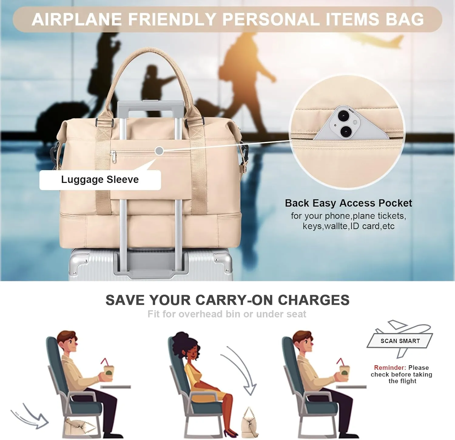 Travel Bag with Shoes Compartment,Weekender Bags for Women Travel,Carry On Duffel Overnight Bag with Toiletry Bag&Trolley Sleeve,Travel Tote Bag Sports Gym Bag,Beige