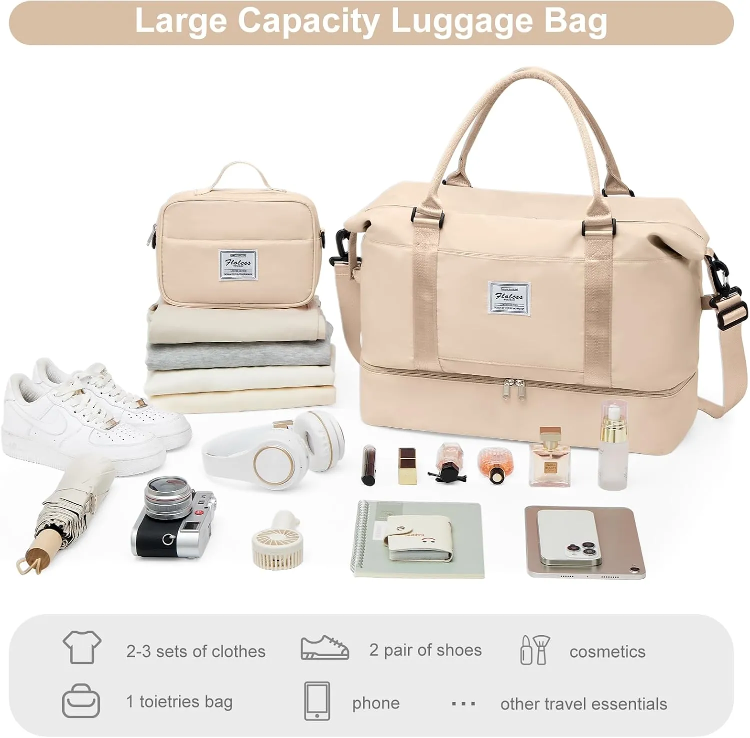 Travel Bag with Shoes Compartment,Weekender Bags for Women Travel,Carry On Duffel Overnight Bag with Toiletry Bag&Trolley Sleeve,Travel Tote Bag Sports Gym Bag,Beige