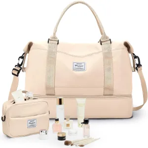 Travel Bag with Shoes Compartment,Weekender Bags for Women Travel,Carry On Duffel Overnight Bag with Toiletry Bag&Trolley Sleeve,Travel Tote Bag Sports Gym Bag,Beige
